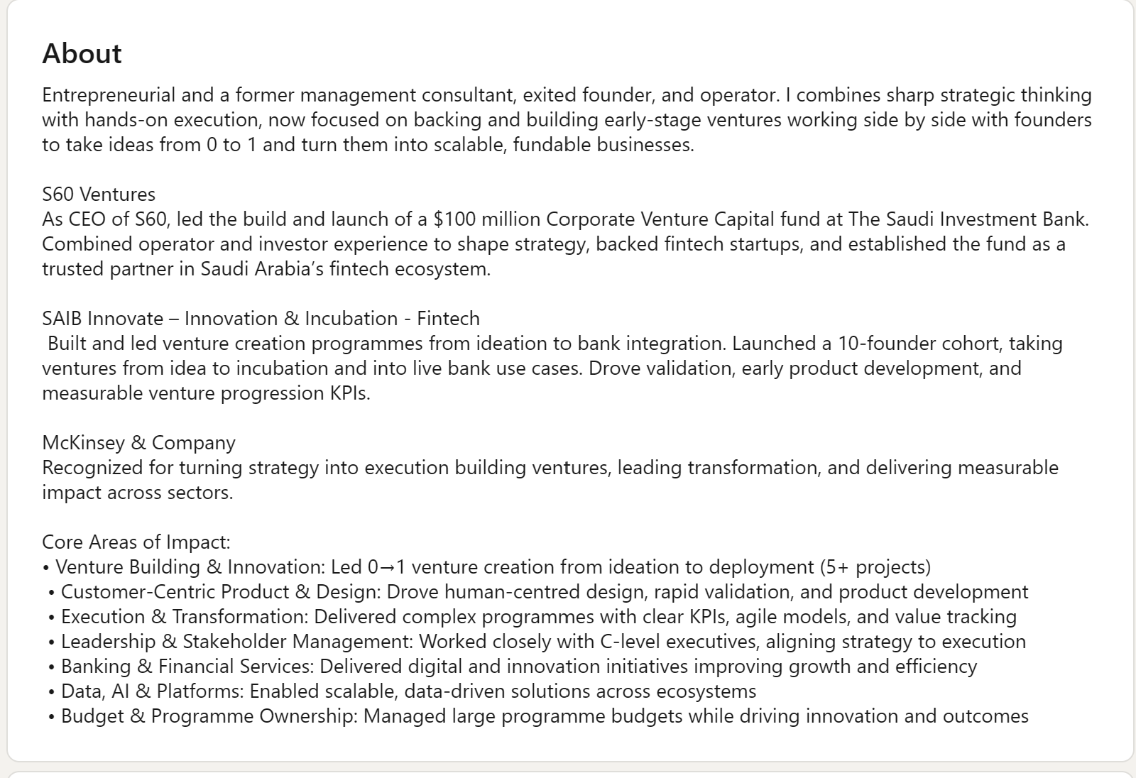 Dipesh Savani's LinkedIn About section